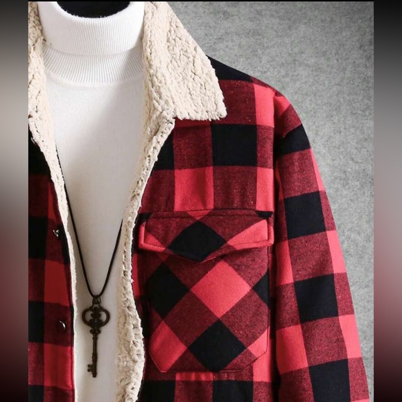 Buffalo Plaid Print Borg Collar Flap Pocket Jacket - Picture 5 of 9